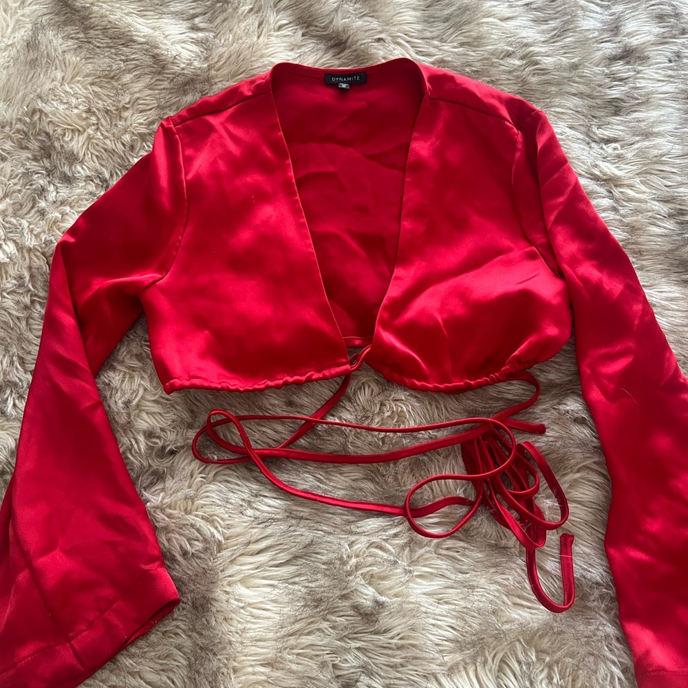 Dynamite Vibrant Red Satin Wrap Blouse